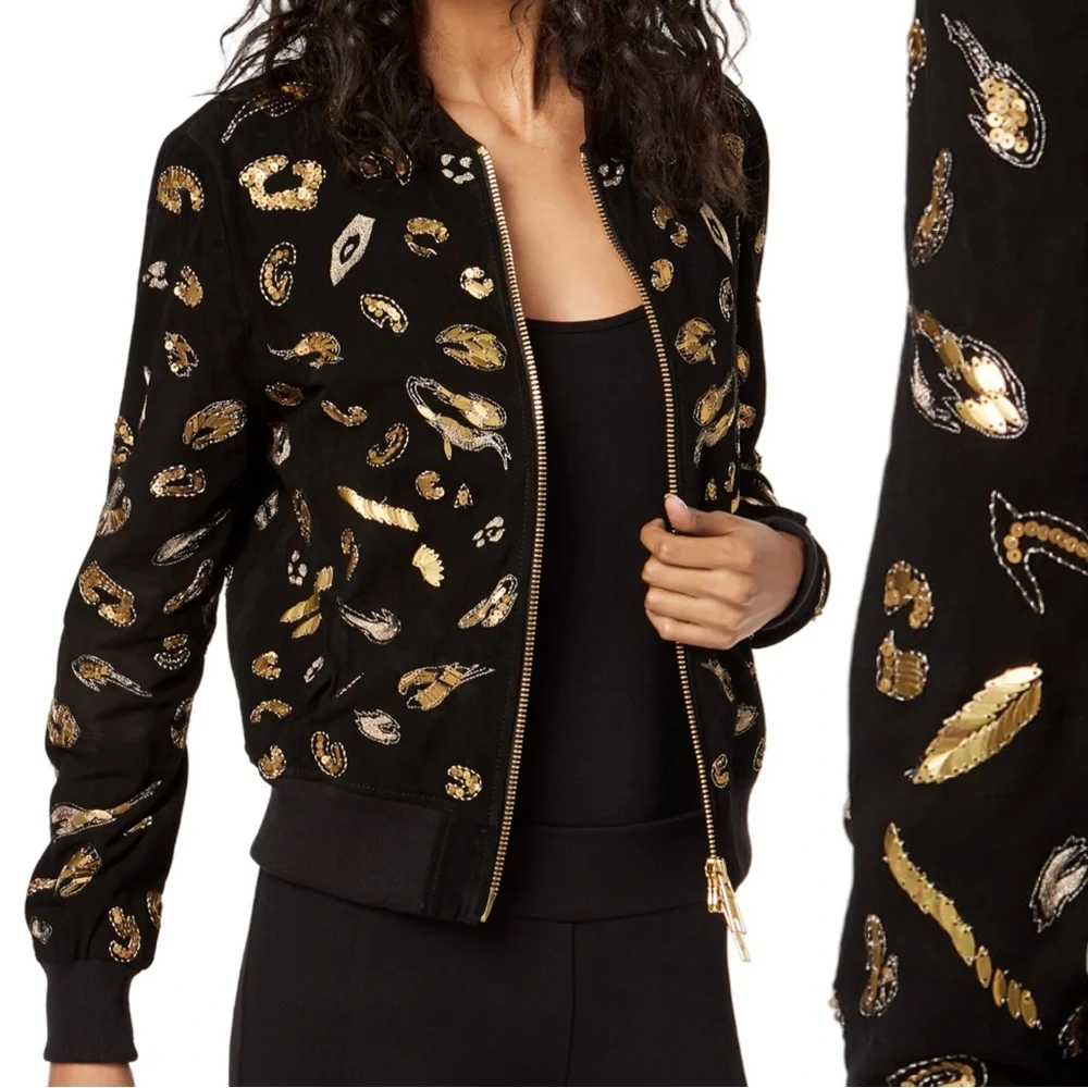 Gold Embellished Black Suede and Gold Women's Jacket - Picture 1 of 10
